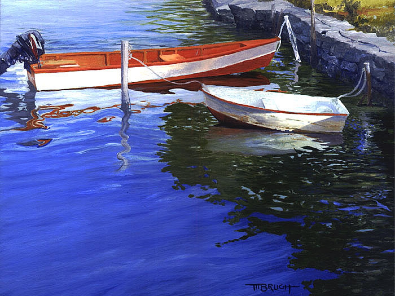Oil painting by Michael Brugh showing warm light on water